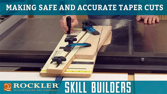 Using table saw jig to make safe taper cuts